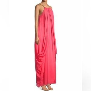 TRINA TURK Blue Lagoon Pink Silk Georgette Maxi Dress Gold Chain Straps sz XS